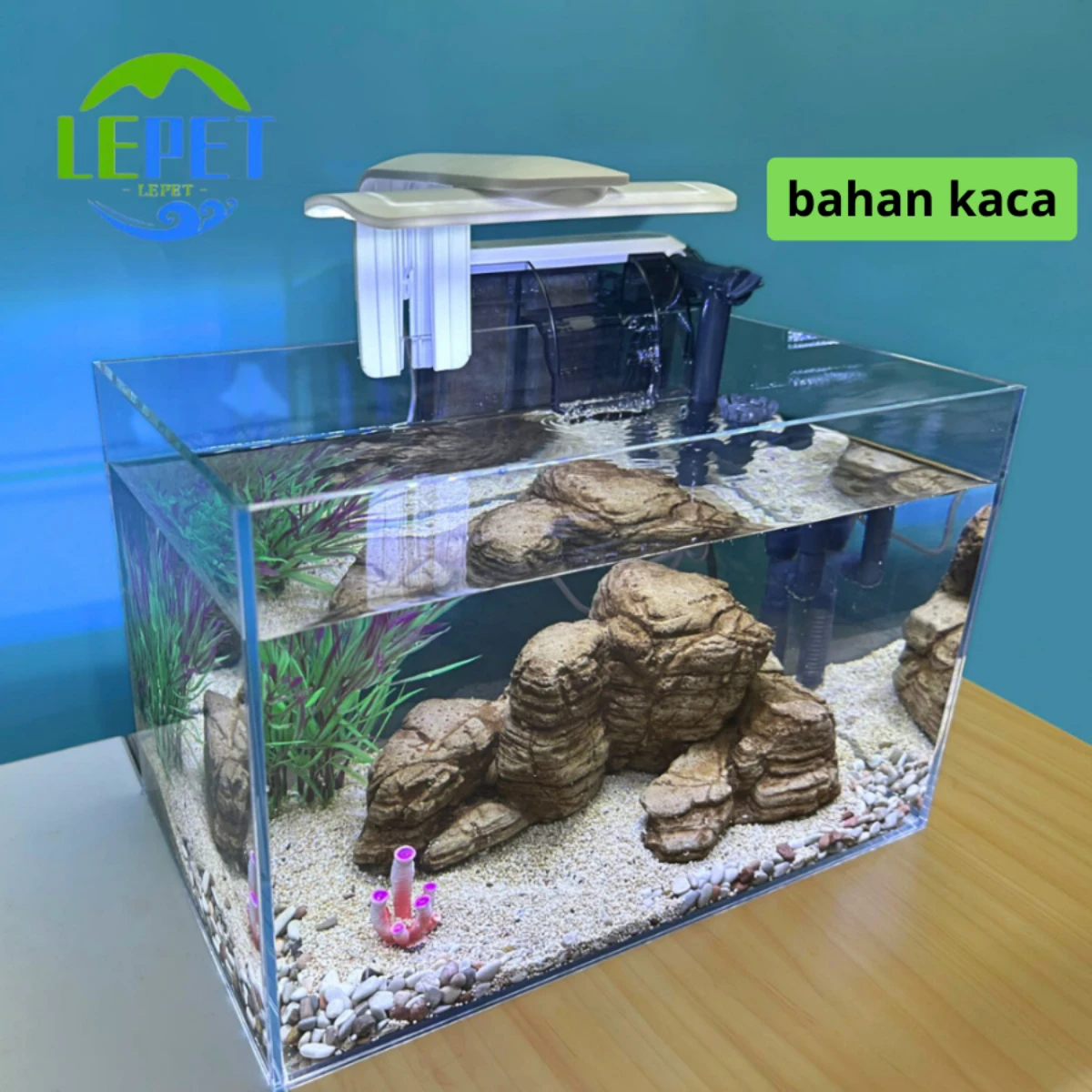 LEPET Akuarium Ikan Mini 1 SET 698 Tangki Ikan Mini KACA SUPER BENING5MM Dengan Filter/Lampu Led dan acc lainnya foto 7
