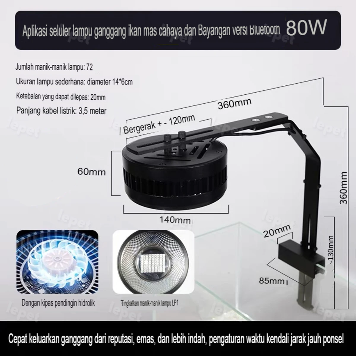 LEPET Lampu Aquarium LED FULL SPECTRUM STREAM TANK DOWNLIGHTS 80 watt Lampu Sorot Akuarium PJ74 Aquascape FloodLight foto 7