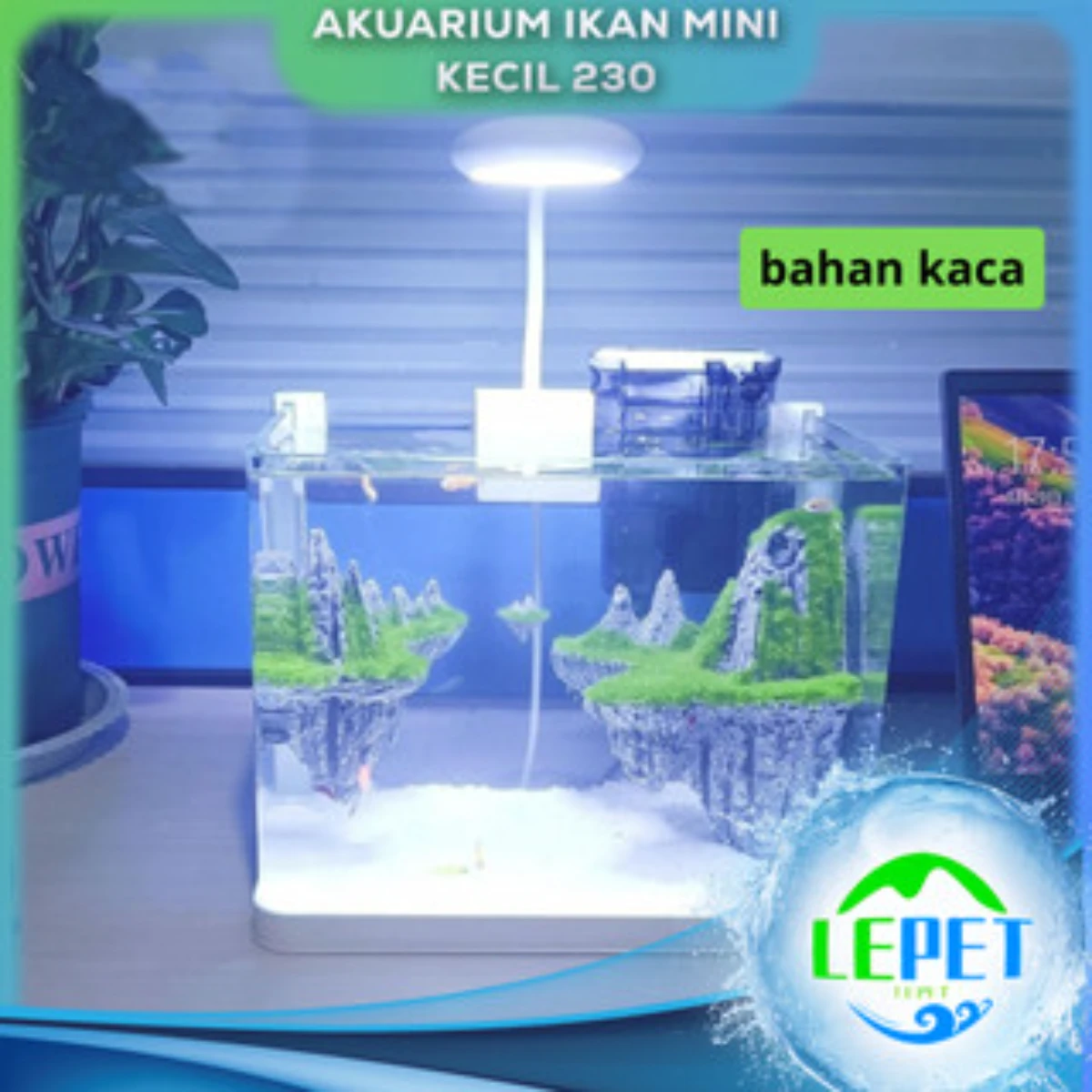 LEPET Akuarium Ikan Mini 230 Tangki Ikan Mini Dengan Filter Dan Lampu Led