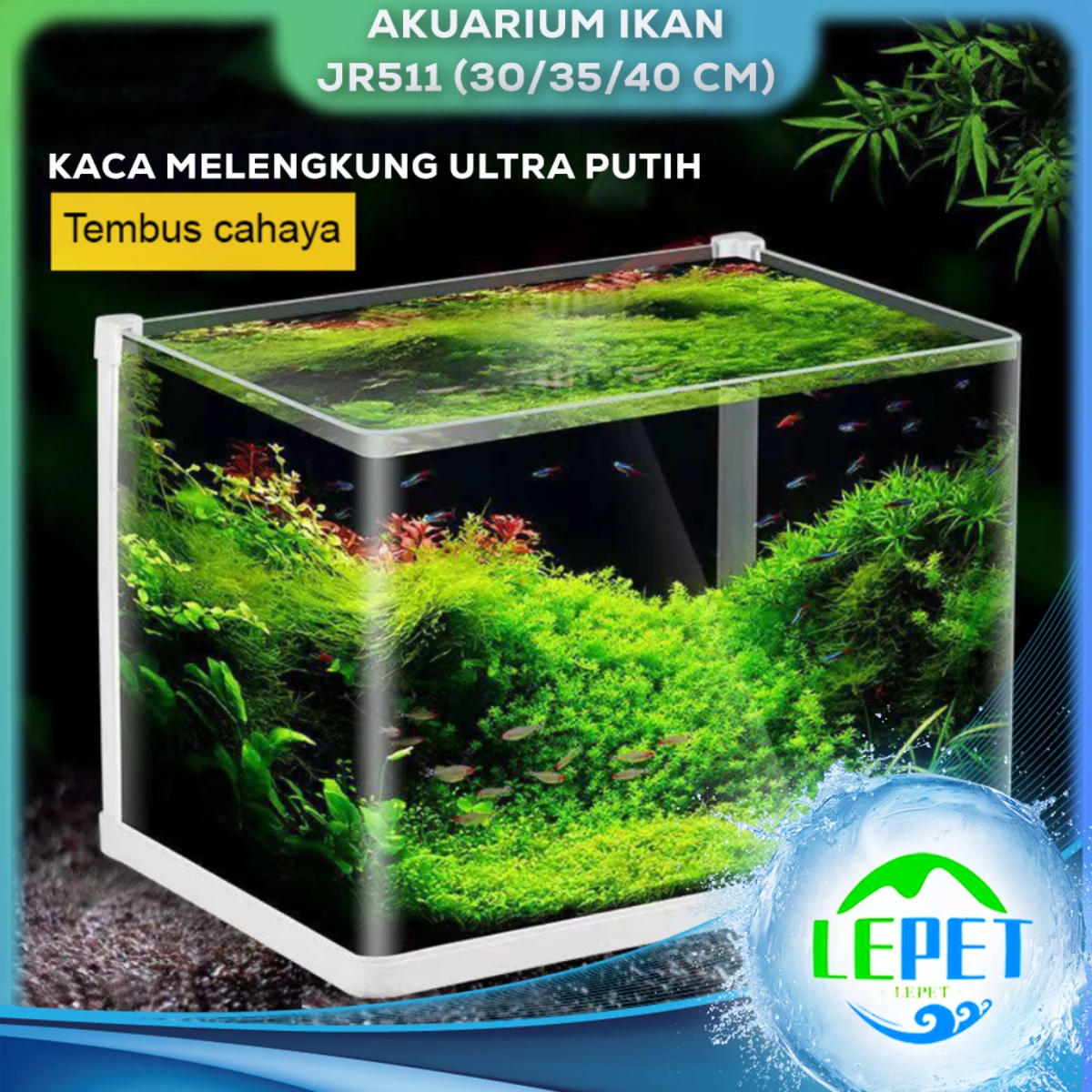 LEPET Akuarium Ikan JR511 (30/35/40 cm) Tangki Ikan Mini dengan bahan kaca super bening melengkung
