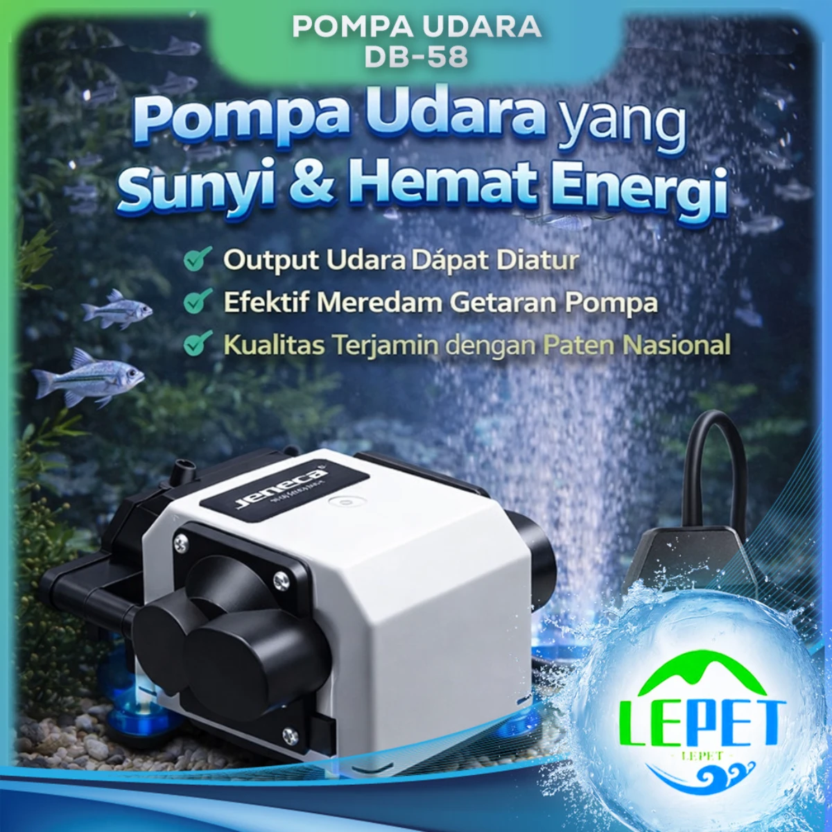 LEPET Pompa Udara Akuarium DB-58, Pompa aerator untuk Budidaya Ikan, Pompa Udara Volume Besar yang Senyap