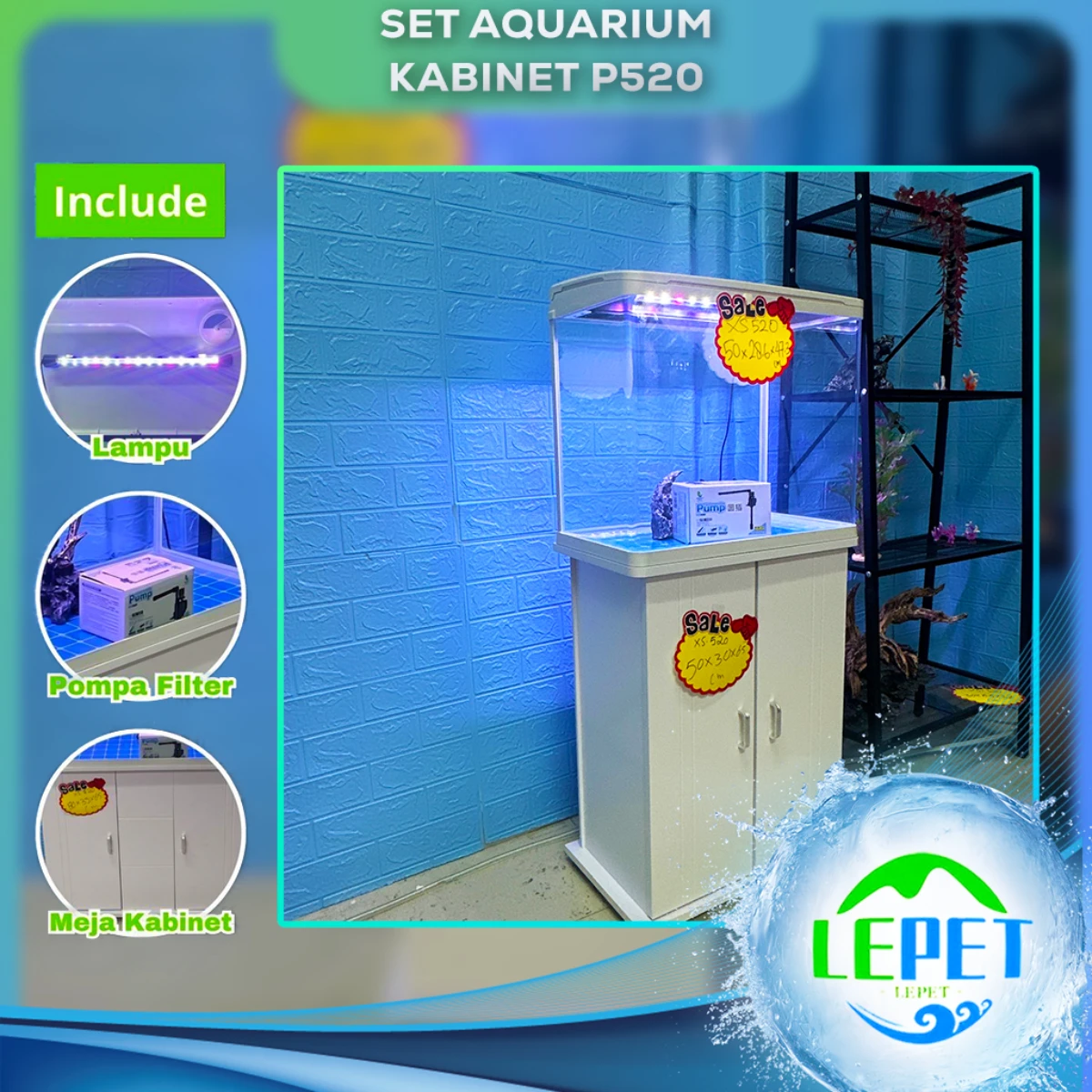 LEPET AQUARIUM PAKET MURAH DAN LENGKAP DENGAN MEJA UKURAN P520 / AQUARIUM SET CABINET