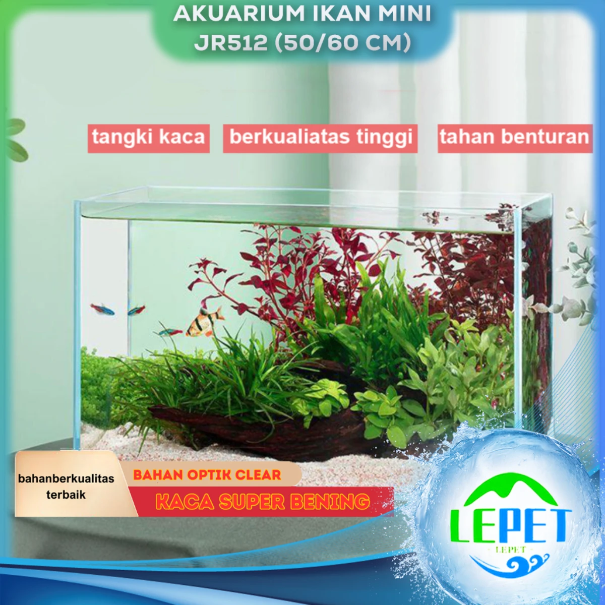 LEPET Akuarium Ikan Mini JR512 50cm/60cm Tangki Ikan Mini dengan bahan kaca super bening