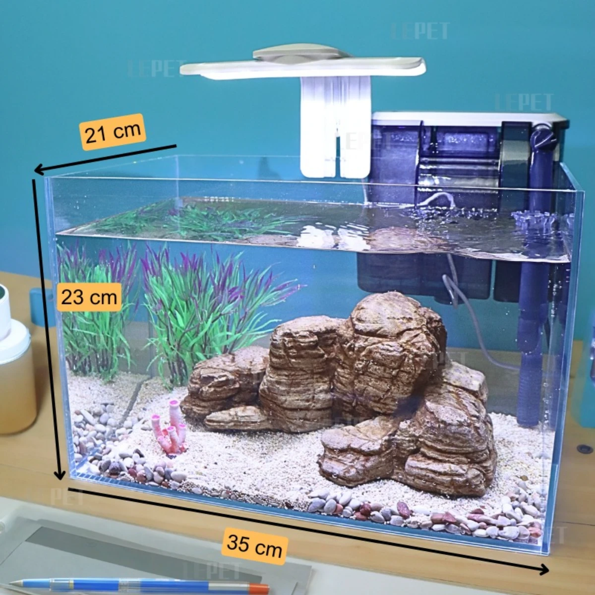 LEPET Akuarium Ikan Mini 1 SET 698 Tangki Ikan Mini KACA SUPER BENING5MM Dengan Filter/Lampu Led dan acc lainnya foto 2