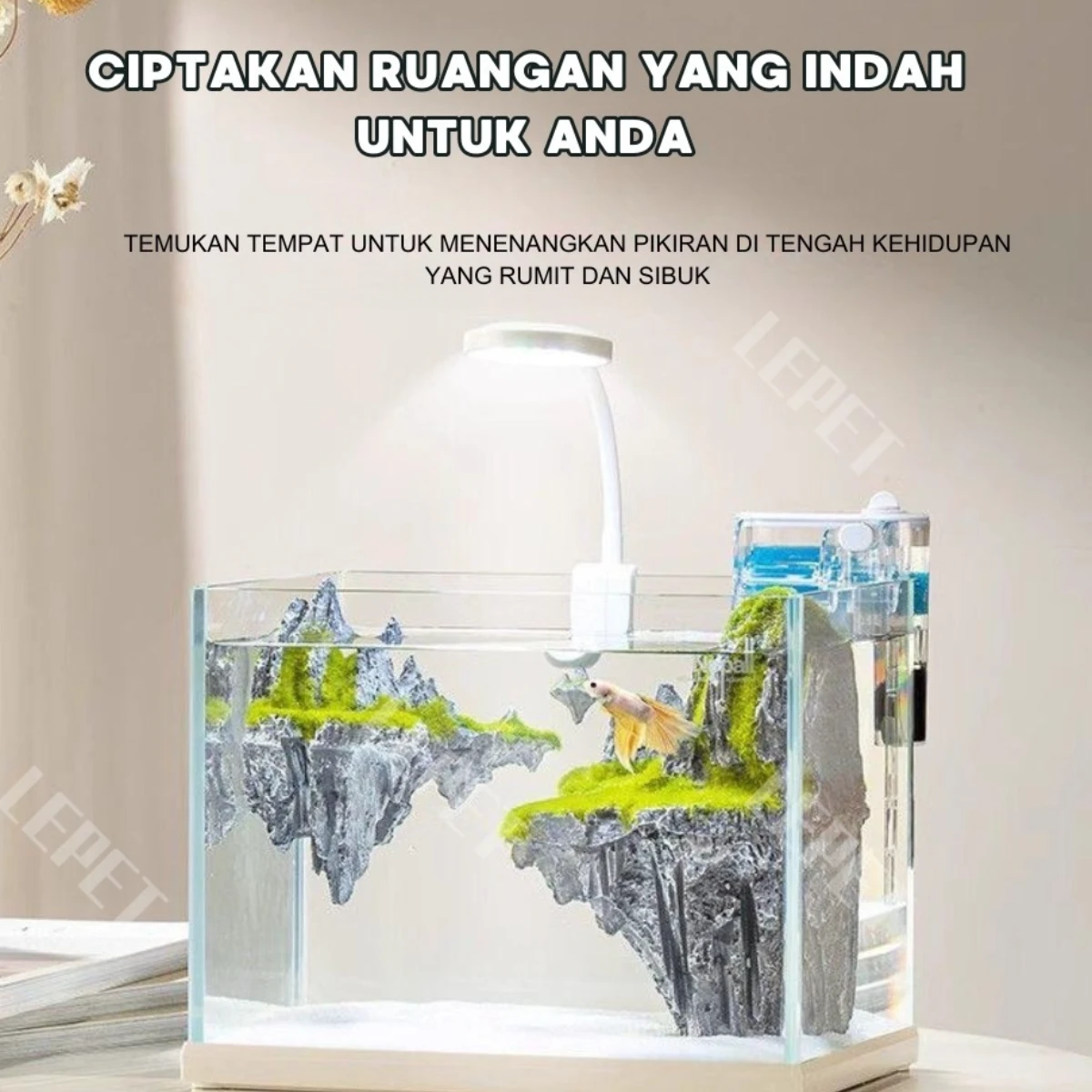 LEPET Akuarium Ikan Mini 230 Tangki Ikan Mini Dengan Filter Dan Lampu Led foto 5