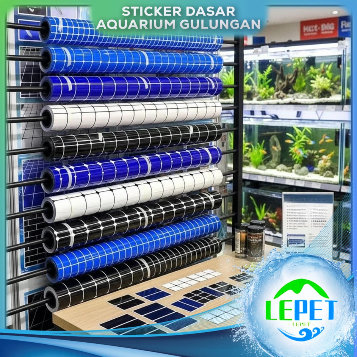 LEPET STICKER DASAR AQUARIUM 61cm / 30cm per GULUNG MOTIF KOTAK-KOTAK