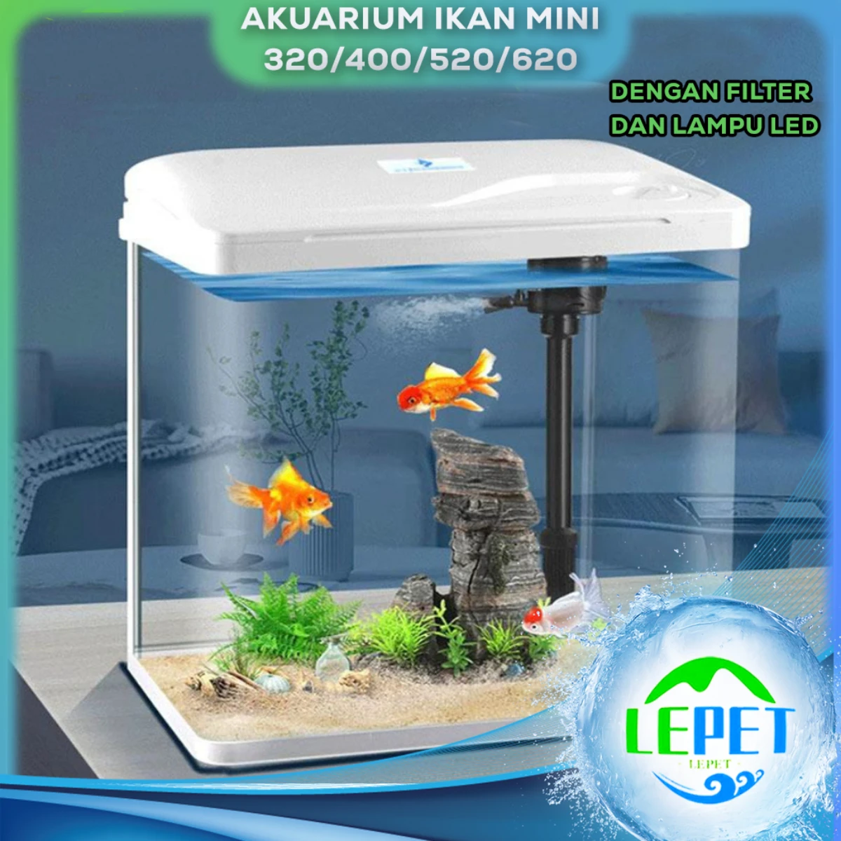 LEPET Akuarium Ikan 320/400/520/620 Tangki Ikan Mini Dengan Filter Dan Lampu Led