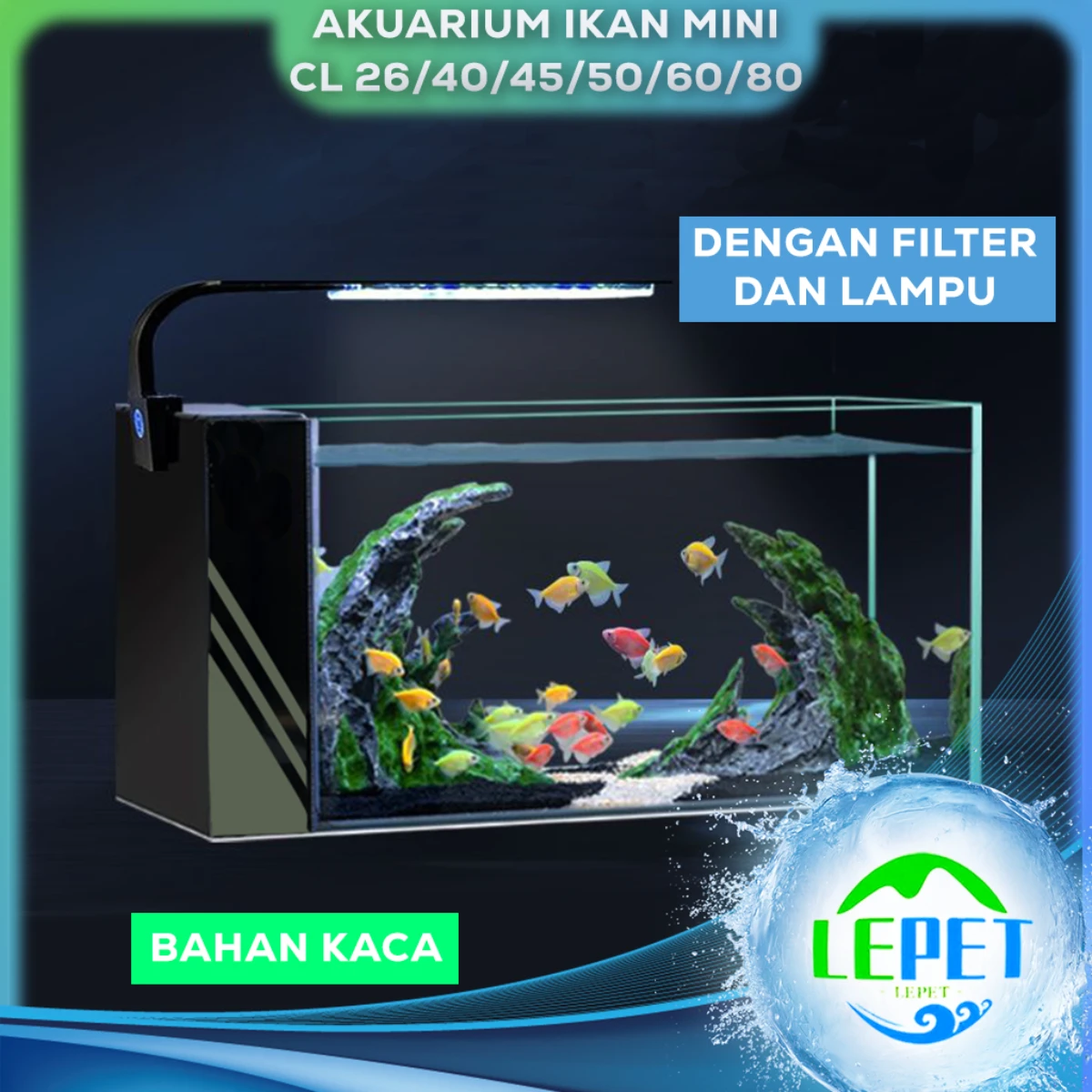 LEPET Akuarium Ikan Mini CL 26/40/45/50/60/80 Tangki Ikan Mini Dengan Filter Dan Lampu Led