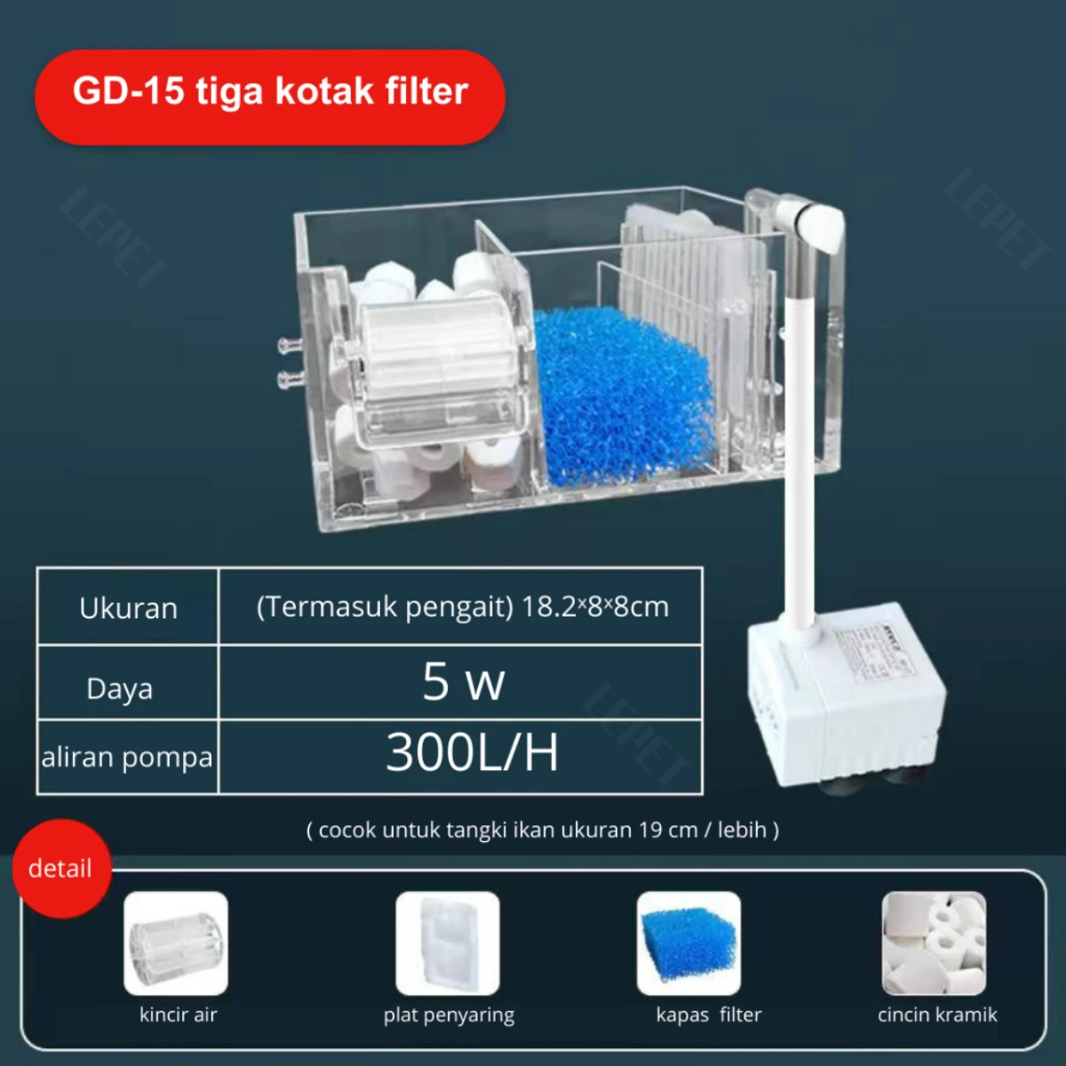 LEPET Hanging / GD15 / GD16 / GD17 / GD18 / GD19/ Hang on Filter Aquarium / Filter Gantung Akrilik foto 2
