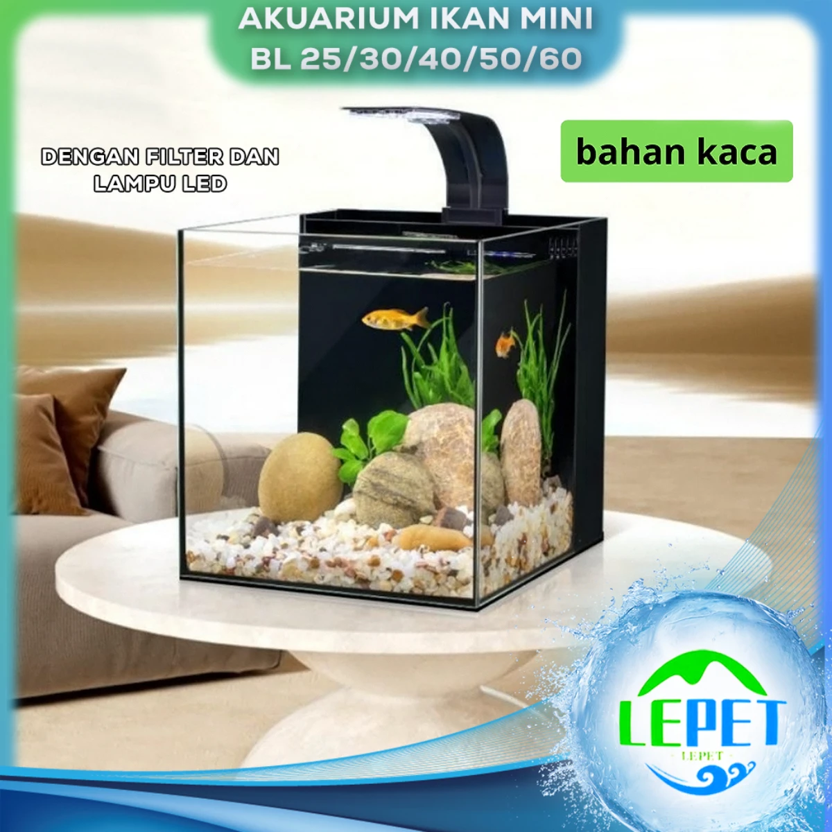 LEPET Akuarium Ikan Mini BL 25/30/40/50/60 Tangki Ikan Mini Dengan Filter Dan Lampu Led