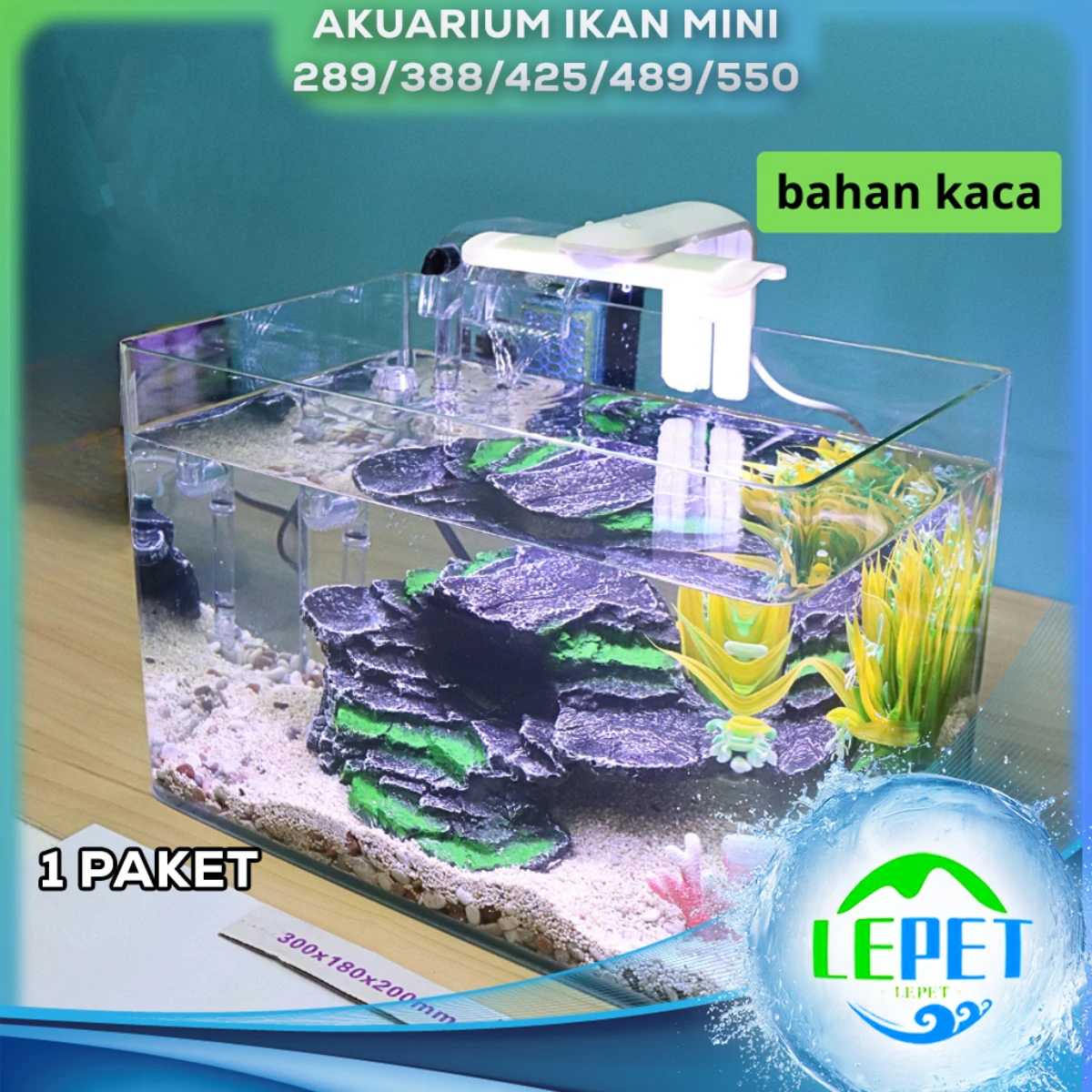 LEPET Akuarium Ikan Mini 1 PAKET 289/388/425/489/550 Tangki Ikan Mini Dengan Filter/Lampu Led dan acc lainnya