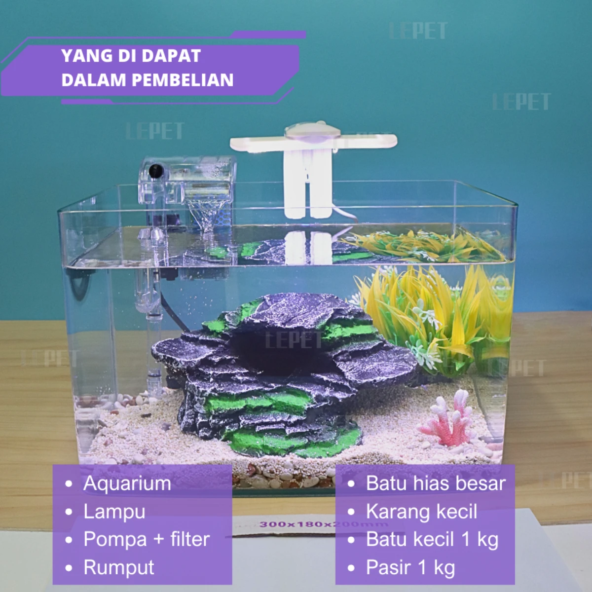LEPET Akuarium Ikan Mini 1 PAKET 289/388/425/489/550 Tangki Ikan Mini Dengan Filter/Lampu Led dan acc lainnya foto 4