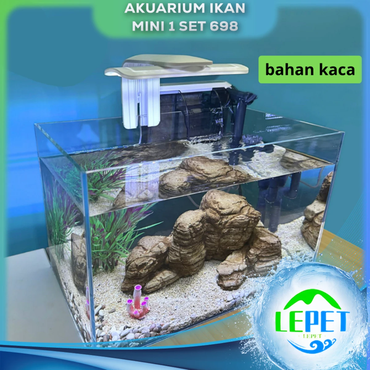 LEPET Akuarium Ikan Mini 1 SET 698 Tangki Ikan Mini KACA SUPER BENING5MM Dengan Filter/Lampu Led dan acc lainnya