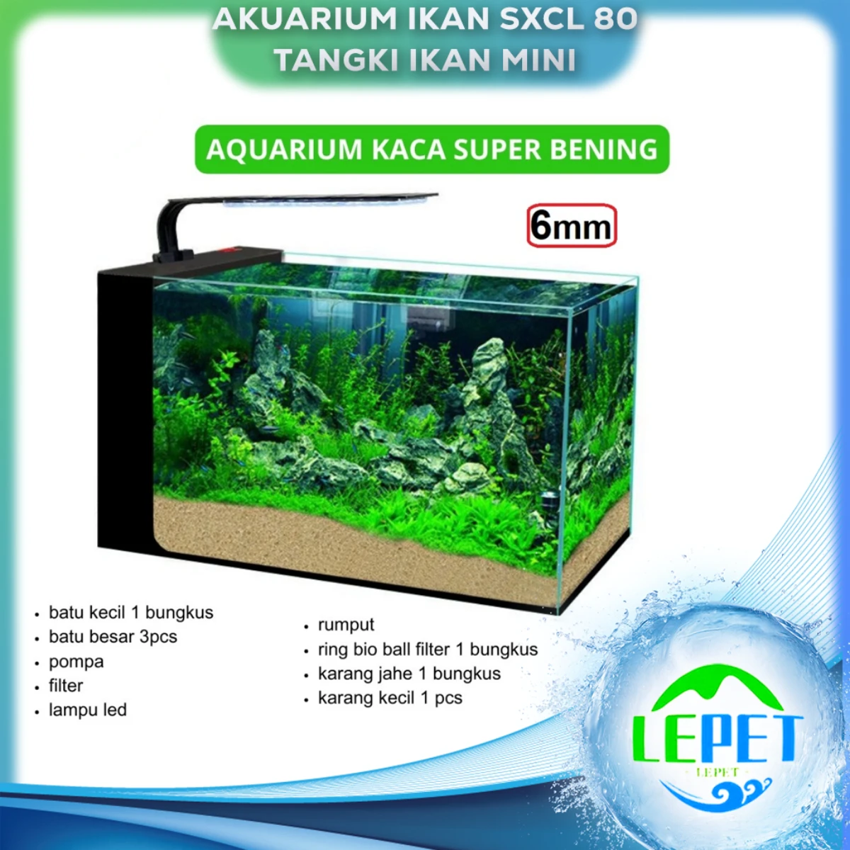 LEPET Akuarium Ikan SXCL 80 Tangki Ikan Mini Dengan Filter Dan Lampu Led