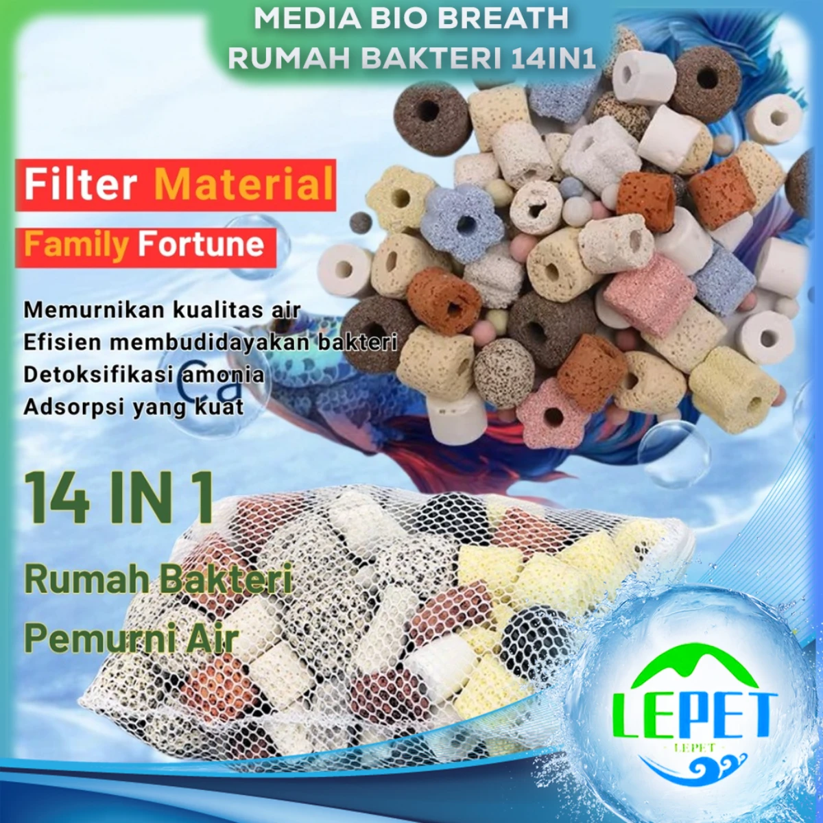 LEPET Media Bio Breath LC08 Rumah Bakteri 14IN1 Media Filter Bakteri Akuarium Tank Kolam 500G