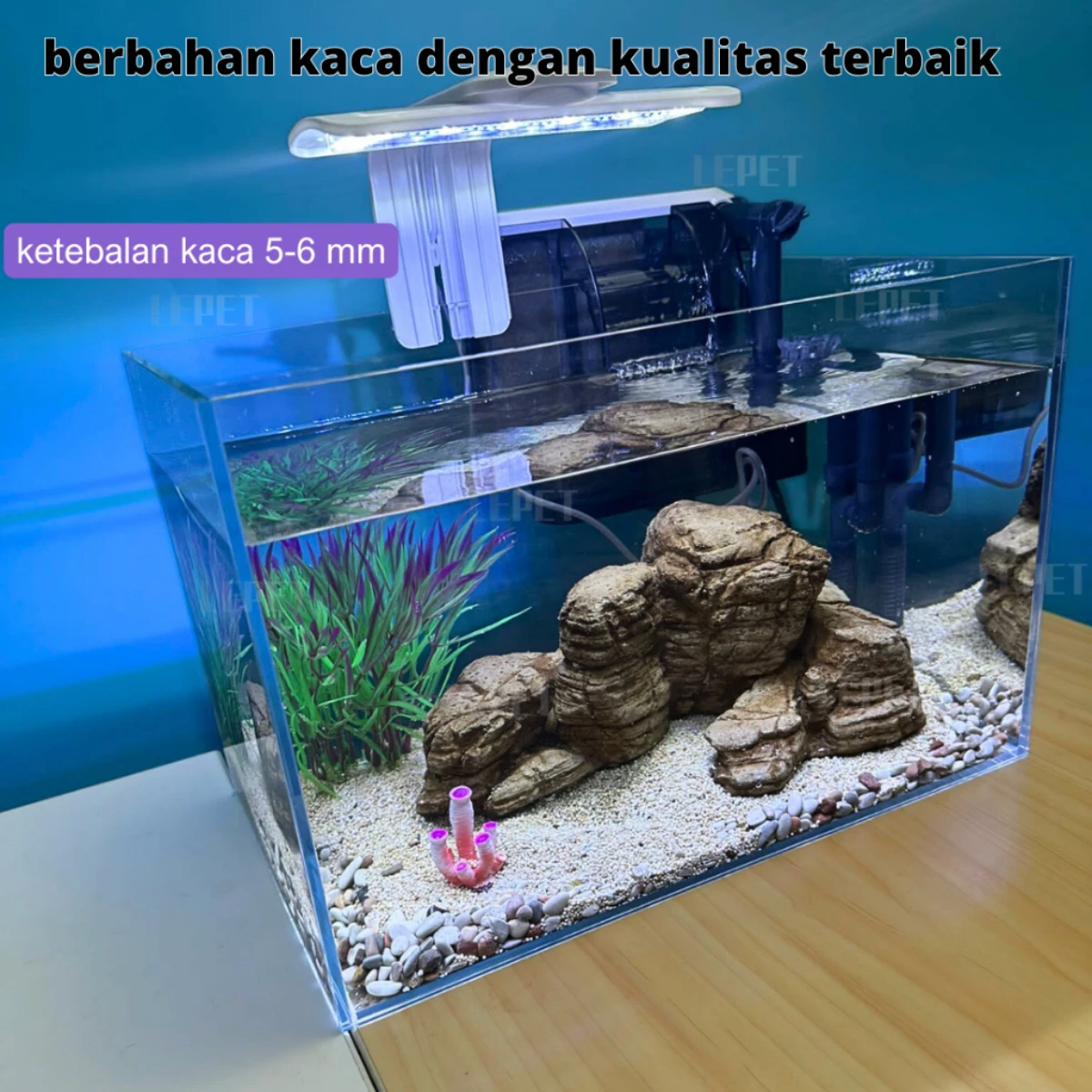 LEPET Akuarium Ikan Mini 1 SET 698 Tangki Ikan Mini KACA SUPER BENING5MM Dengan Filter/Lampu Led dan acc lainnya foto 4