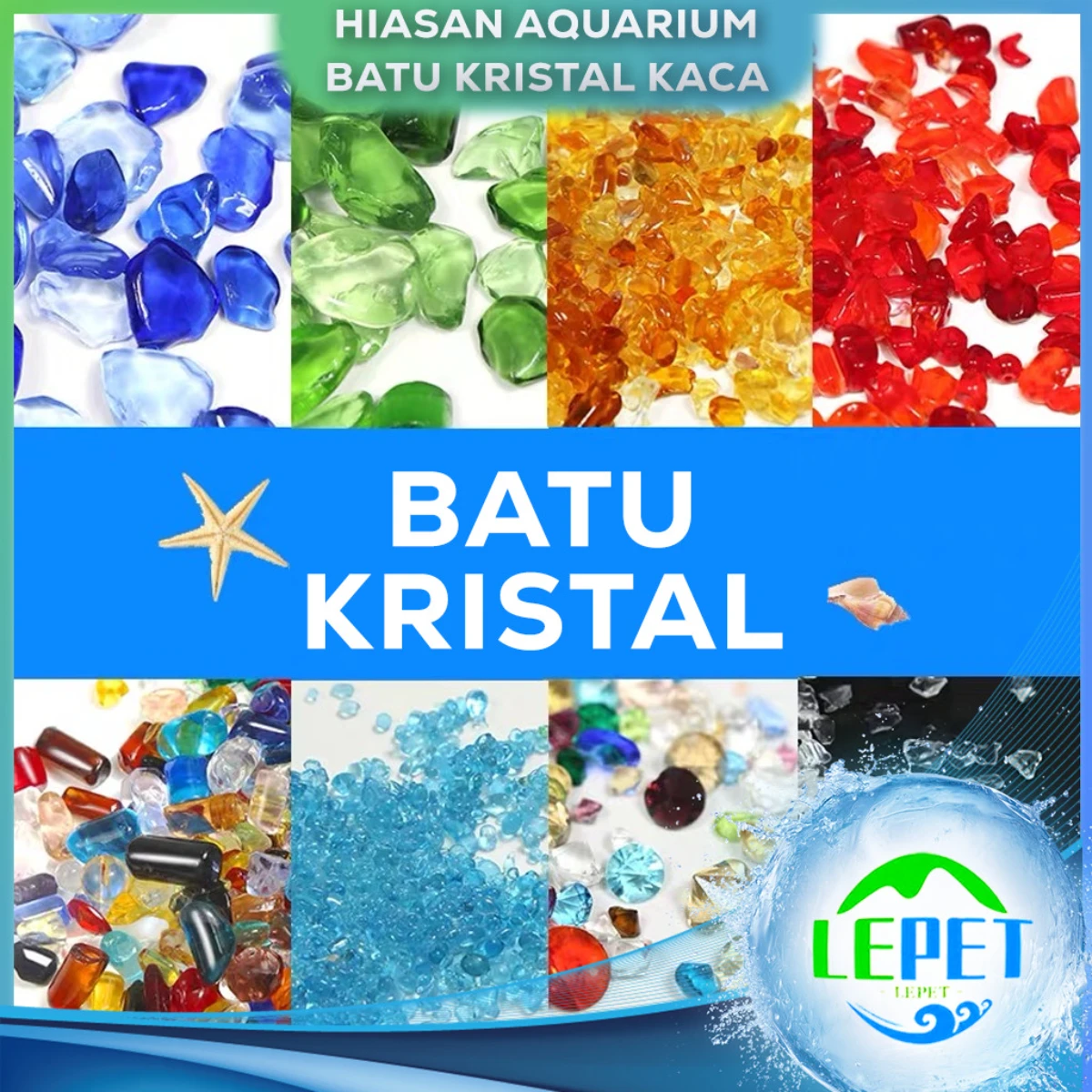 LEPET Batu Kristal kaca HIASAN AQUARIUM / Ice Stone Aquarium /batu kaca crystal 3-5/5-5/19-5/7-5/16-5/16-3/7-3/22-5