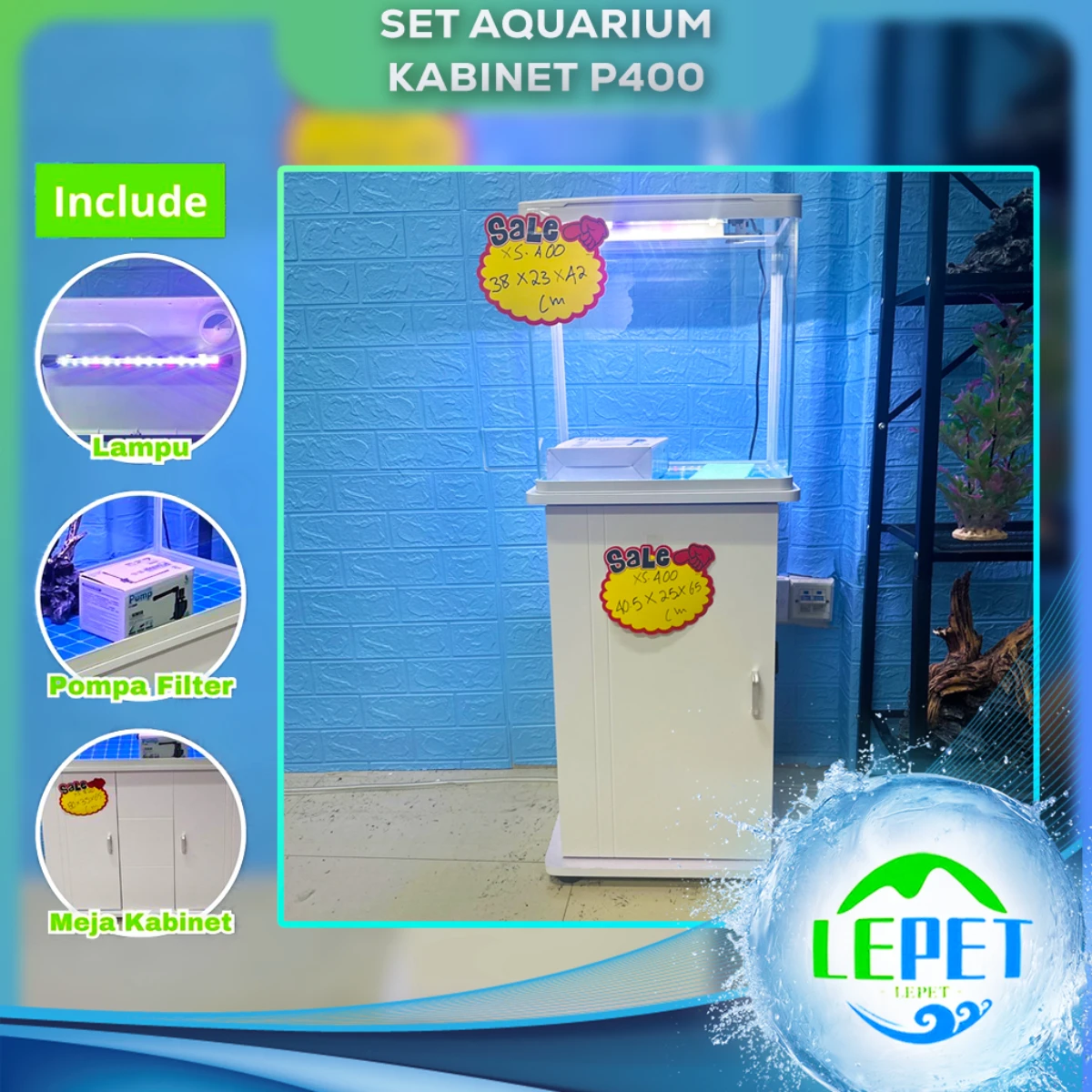 LEPET AQUARIUM PAKET MURAH DAN LENGKAP DENGAN MEJA UKURAN P400 / AQUARIUM SET CABINET