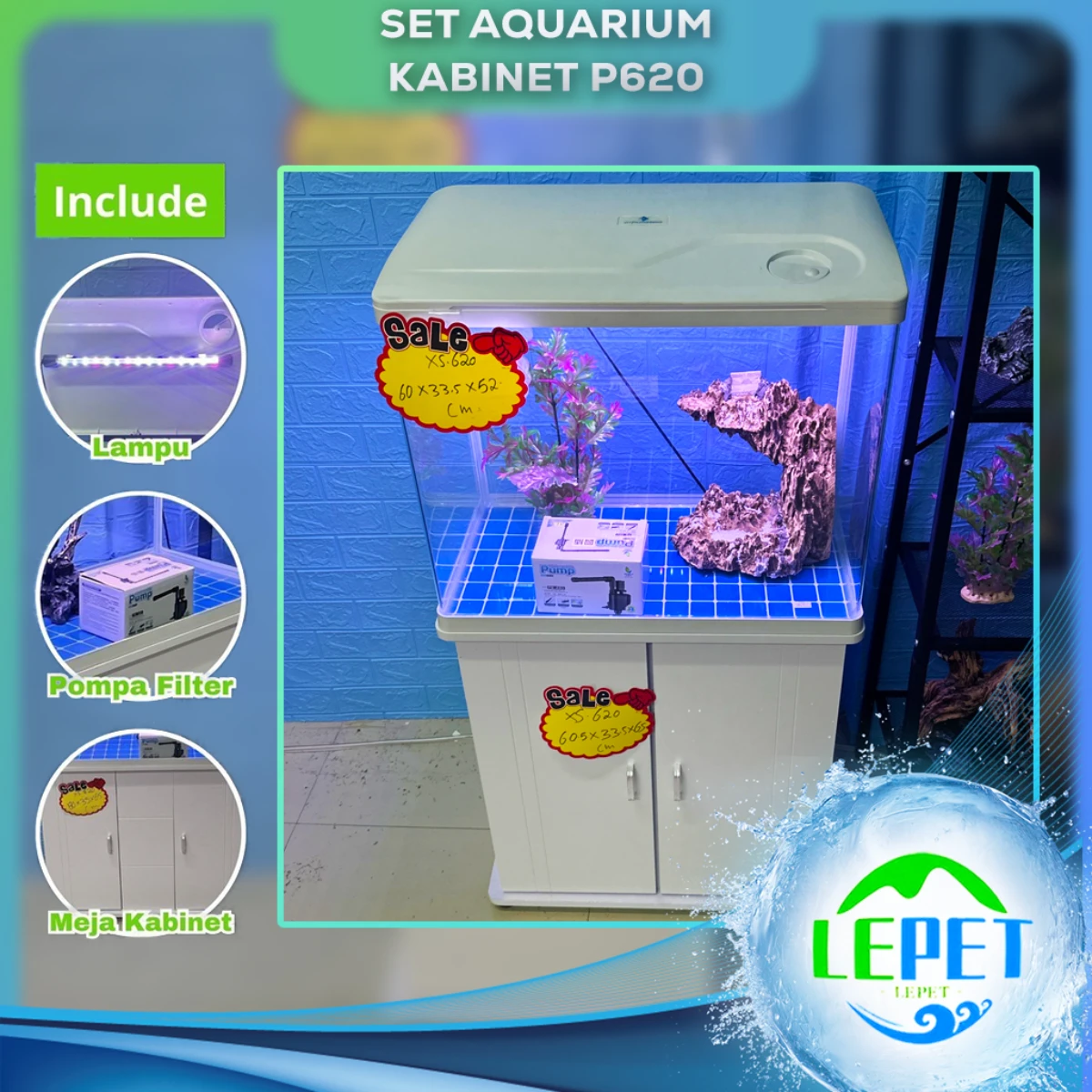 LEPET AQUARIUM PAKET MURAH DAN LENGKAP DENGAN MEJA UKURAN P620 / AQUARIUM SET CABINET