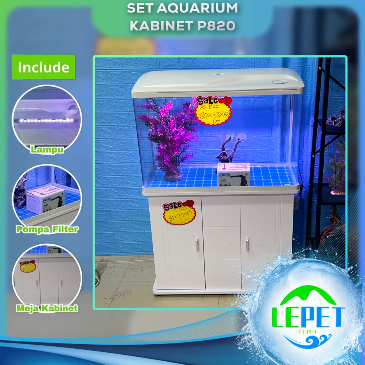 LEPET AQUARIUM PAKET MURAH DAN LENGKAP DENGAN MEJA UKURAN P820 / AQUARIUM SET CABINET