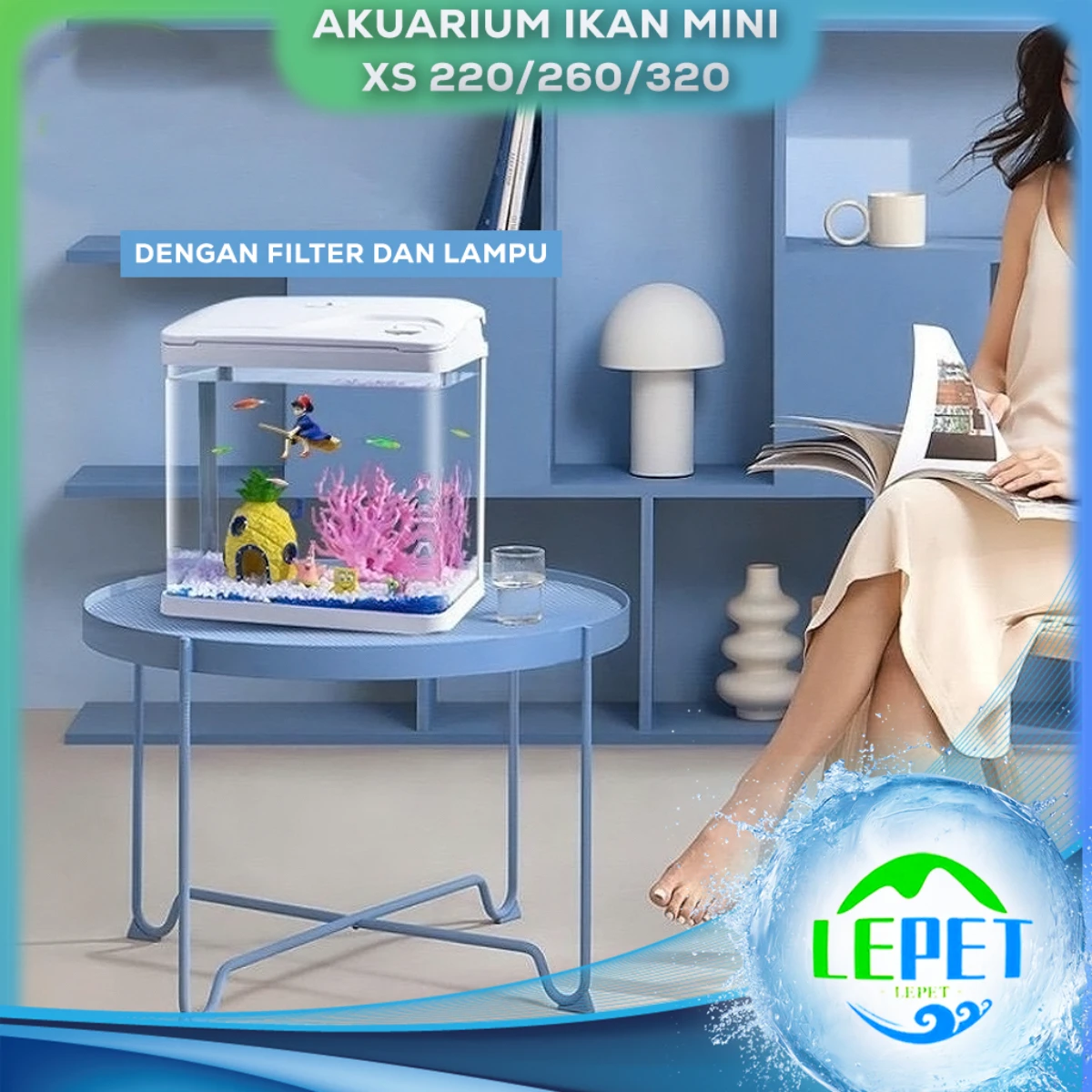 LEPET Akuarium Ikan Mini XS 220/260/320/400/520/620/820 Tangki Ikan Mini Dengan Filter Dan Lampu Led