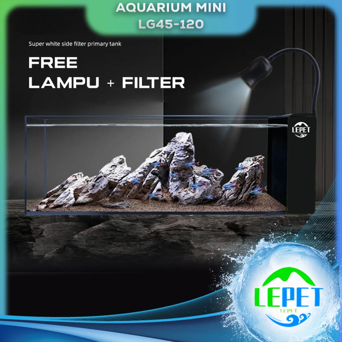 LEPET Akuarium Ikan Mini SXXLG45/60/8020/100/120 Tangki Ikan Dengan Filter Dan Lampu Led