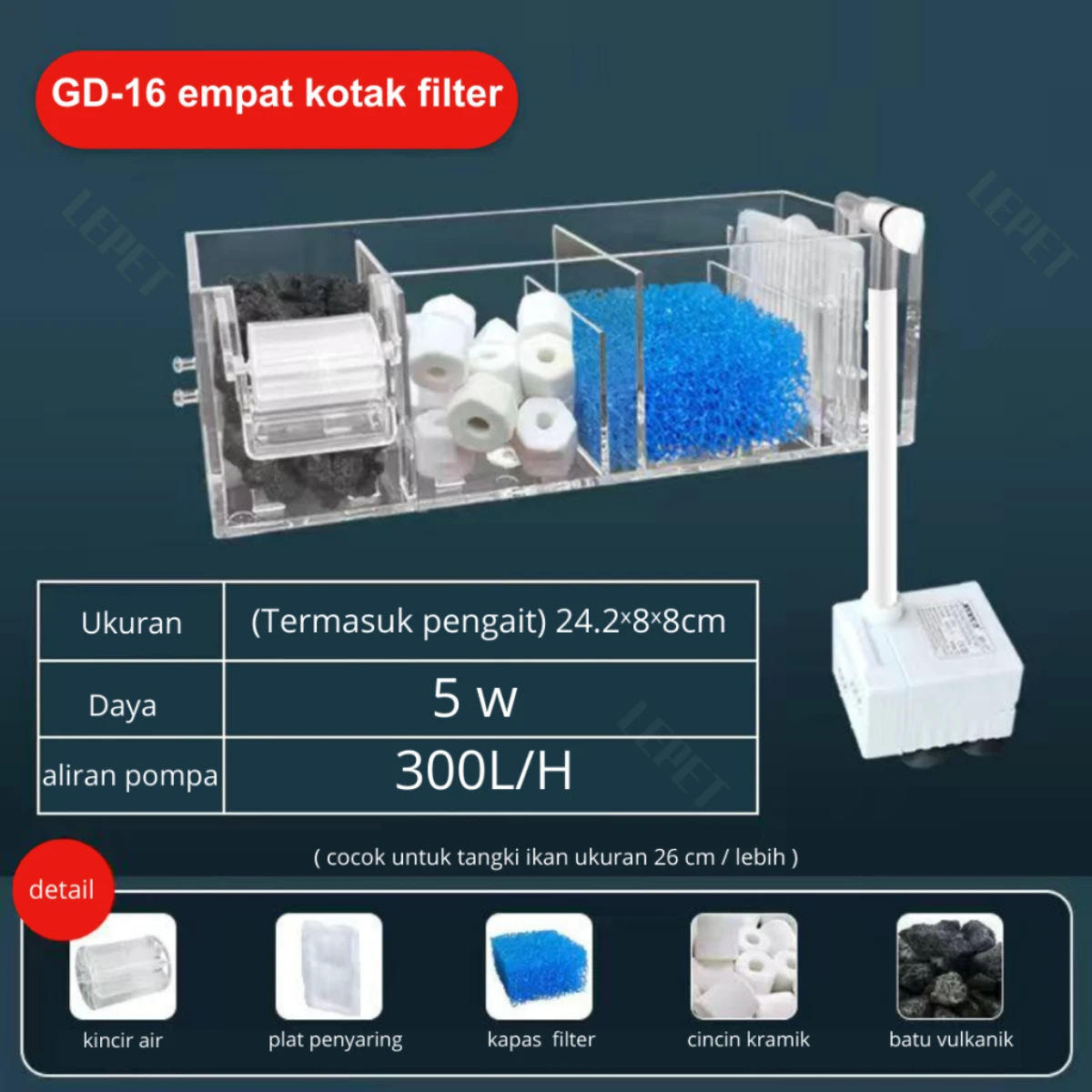 LEPET Hanging / GD15 / GD16 / GD17 / GD18 / GD19/ Hang on Filter Aquarium / Filter Gantung Akrilik foto 3