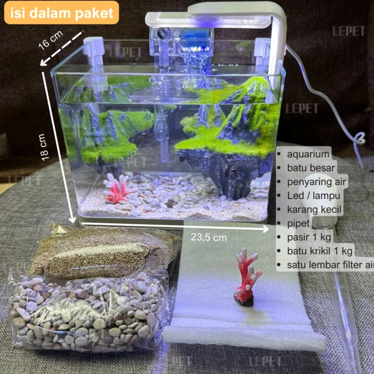 LEPET Akuarium Ikan Mini 230 Tangki Ikan Mini Dengan Filter Dan Lampu Led foto 2