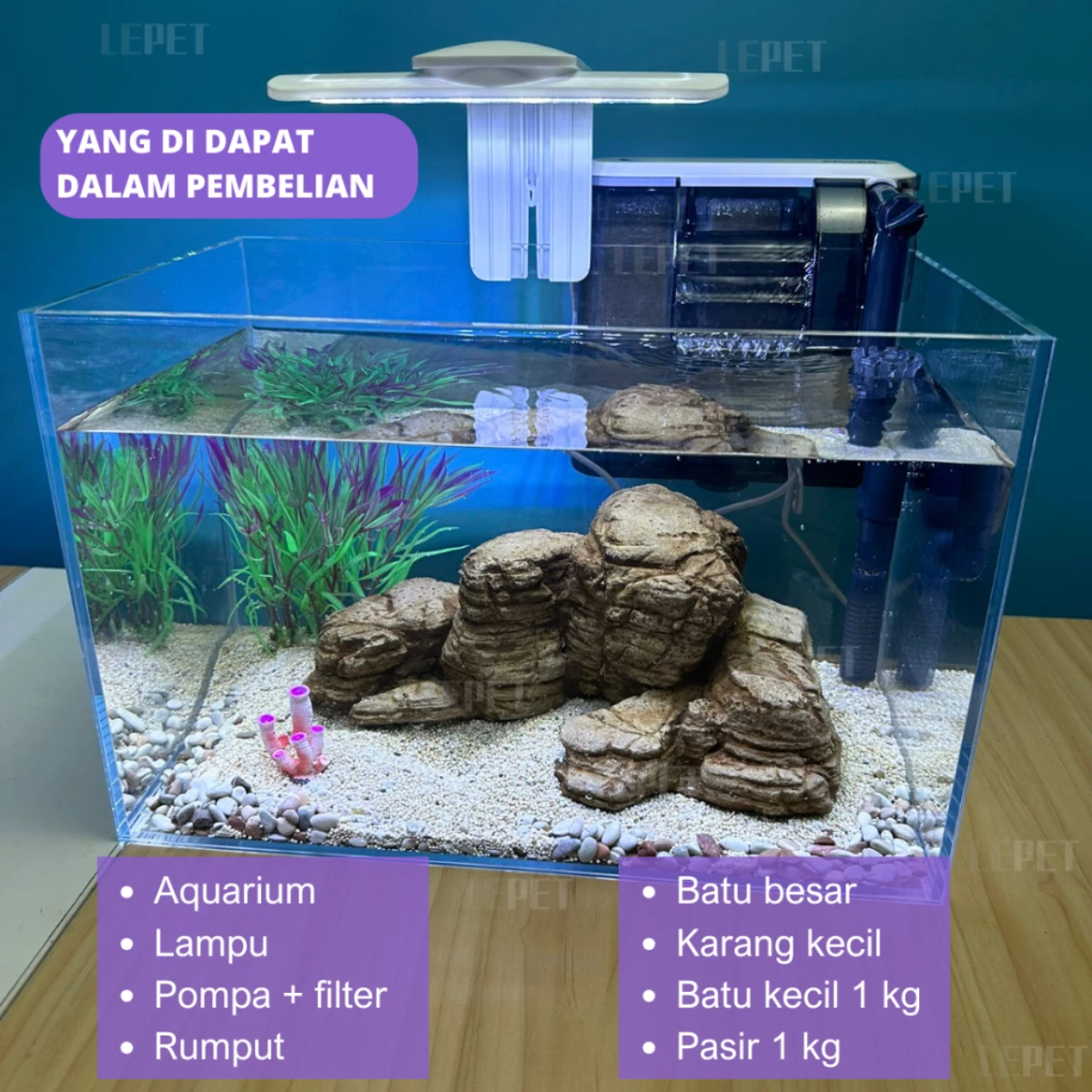 LEPET Akuarium Ikan Mini 1 SET 698 Tangki Ikan Mini KACA SUPER BENING5MM Dengan Filter/Lampu Led dan acc lainnya foto 5